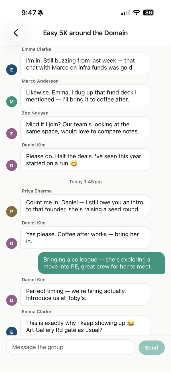 Message and network with people after your run