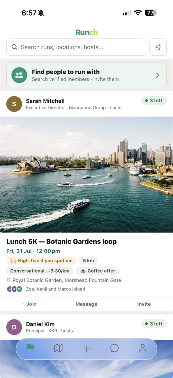 Runch feed — lunchtime runs with verified professionals near you