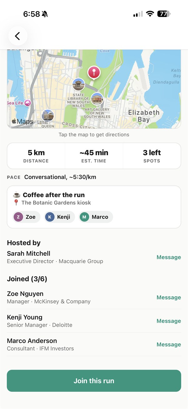 A run's details — time, distance, pace and who's going